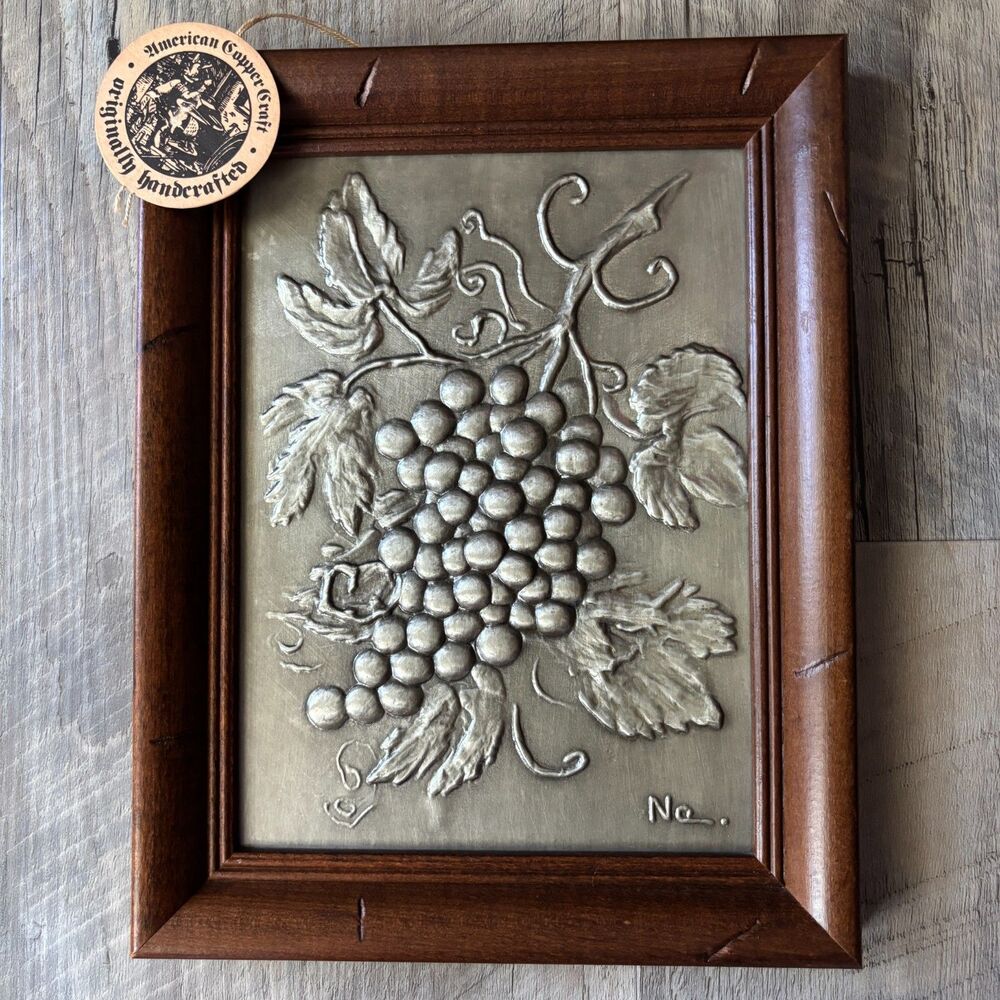 American Copper Craft Handcrafted Grapes Relief Wall Art Pewter Brass Wood Frame